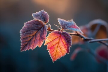 Poster - Captivating close up of frosted leaves on a branch illuminated by golden sunlight against a blurred background showcasing nature's beauty