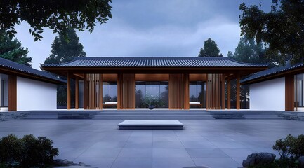 Poster - 木造建築と庭園の風景 夜空の下で静寂に包まれたモダンな日本の家 屋外空間と自然要素の調和 美しいデザインと建築構造