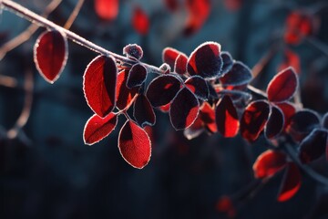 Poster - Crimson Leaves Adorned with Delicate Frost Sparkling in Winter Sunlight Botanical Beauty Close Up