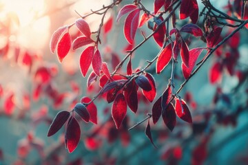 Poster - Crimson Leaves Embrace Winter's Touch A Captivating Close Up of Frosted Foliage in Soft Sunlight