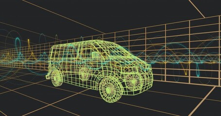 Poster - Wireframe compact SUV being visualized inside neon grid chamber, with teal and yellow waveform arcs