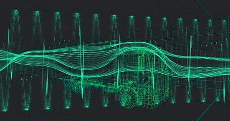 Poster - Wireframe semi-truck model glowing in dark 3D grid, with green waveform streams pulsing around
