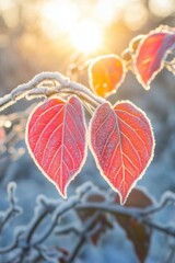 Poster - Radiant Red Leaves Embrace Winter's Frosty Kiss a Captivating Dance of Color and Ice Under Golden Sunlight