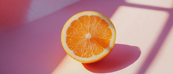 Poster - Vibrant Orange Slice on Pink Surface with Geometric Shadow Play Capturing Freshness and Simplicity in a Still Life Composition