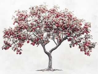 Poster - Abundant red crabapple tree with dry leaves against a bright white background in a serene and artistic style showcasing nature's beauty