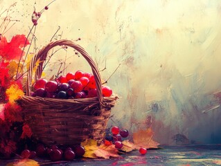 Poster - Autumnal harvest still life featuring vibrant red berries in a rustic basket against a textured backdrop warm light
