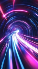 Fototapete - Captivating Journey Through a Neon Tunnel of Vibrant Light Trails and Glowing Rings, Abstract Futuristic Design with a Sense of Speed and Motion