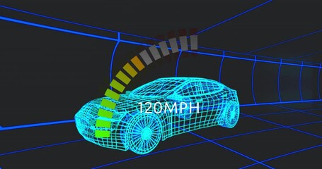 Poster - Neon?blue wireframe car gliding through virtual tunnel, displaying 30MPH segmented speed gauge