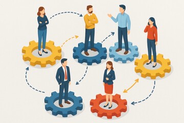 Poster - Collaboration in Action: Illustrative depiction of teamwork and collaboration, with individuals standing on cogwheels, each representing a vital element of the team.