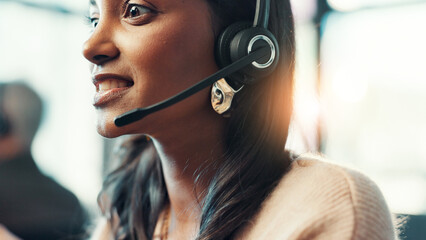 Poster - Customer service, woman and consulting with headset at call center for product advice, lead generation and FAQ. Friendly agent, employee and microphone for inbound query, online help and contact us