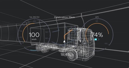 Poster - Wireframe semi?truck and trailer moving through dark virtual tunnel, displaying HUD gauges