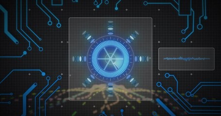Poster - Futuristic UI being displayed on dark grid backdrop, showing glowing HUD interface and data trails