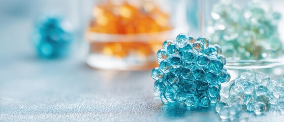 Poster - Captivating macro shot of vibrant blue hydrogel balls in a glass jar on a soft blue background showcasing delicate texture and light reflection