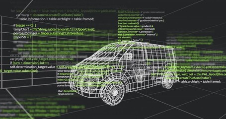 Poster - Wireframe cargo van rotating in grid workspace, overlaying neon code lines across dark background