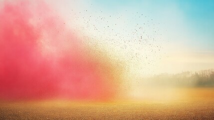 Poster - Ethereal landscape with pink smoke and golden dust creating a surreal and dreamy atmosphere in a serene scene