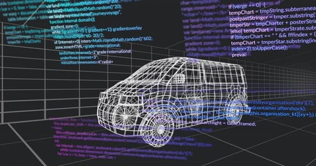 Poster - 3D wireframe SUV model floating over dark grid workspace, with neon code snippets hovering