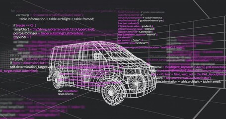 Poster - White 3D wireframe van floating on dark gray grid, showing JavaScript HTML code overlays