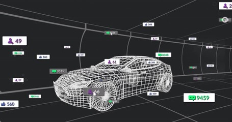 Poster - 3D wireframe sports car floating in grid environment with engagement metric boxes orbiting car