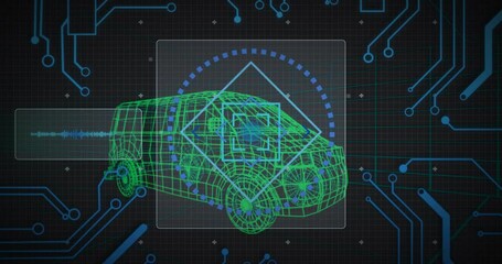 Poster - Green 3D wireframe car rotating inside UI panel, showing blue targeting circle and arrow square