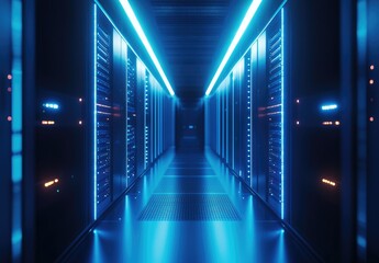 Poster - Brightly lit data center corridor lined with glowing server racks, ideal for representing cloud services, digital transformation, and modern IT infrastructure environments