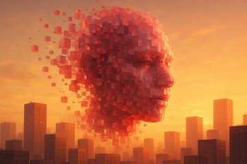 Poster - Mindscape: A surreal vision of a human head dissolving into pixelated fragments, floating above a cityscape bathed in a warm, ethereal glow, blurring the lines between reality and digital abstraction.