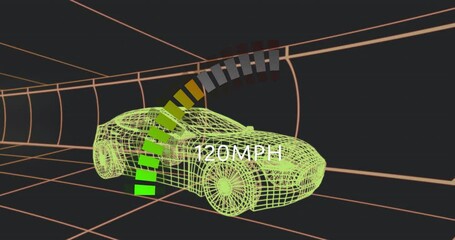 Poster - Green wireframe sports car gliding through grid tunnel flaunting 30 MPH speedometer gauge 3D render