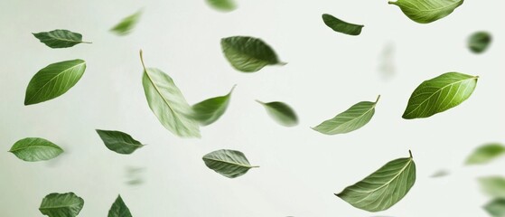 Poster - Serene botanical composition of fresh green leaves delicately floating against a soft airy background capturing nature's gentle movement and refreshing vitality