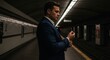 © boztaga - A well-dressed man checks his watch while waiting on a subway platform during a quiet evening - men with wide shoulders