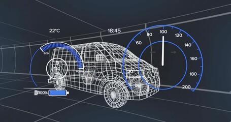 Poster - Wireframe electric car gliding through grid tunnel, displaying gauges, battery, temperature, time