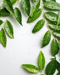 Poster - Fresh Green Leaves with Water Droplets on White Background Creating a Natural and Refreshing Visual Experience Perfect for Spring and Summer Themes