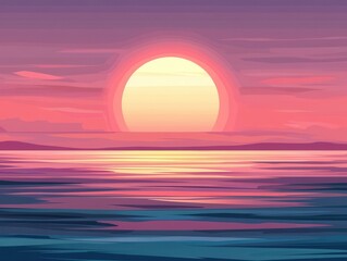 Poster - Serene sunset over tranquil water with radiant sun and vibrant colors creating a peaceful atmosphere