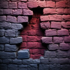 Poster - Dramatic brick wall with a large hole revealing a vibrant red interior creating a sense of mystery and depth