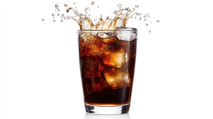 Poster - Refreshing cola drink with ice cubes splashing in a glass on a clean white background perfect for summer beverage ads and promotions