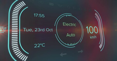 Poster - Futuristic car HUD glowing blue green showing speed, drive mode, date, temp, icons in 3D render