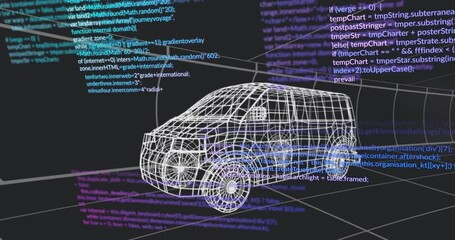 Aufkleber - Wireframe 3D van model rotating on grid plane, revealing floating colored code snippets