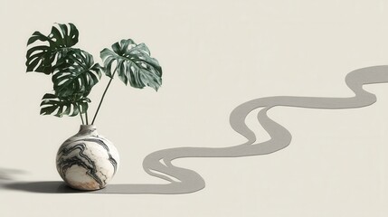 Poster - Monstera Plant in Marble Vase with Abstract River Design on Beige Background Minimalist Indoor Decor Still Life Photography for Stock Photo Platform