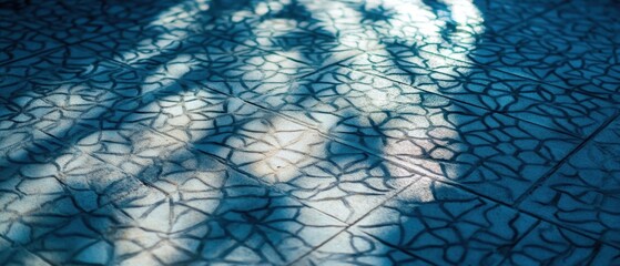 Poster - Abstract pattern on blue tiled floor with sunlight creating shadows and geometric shapes for a modern design element and texture
