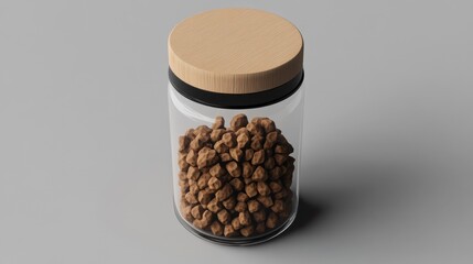 Poster - Glass jar filled with brown rocks and a wooden lid on a gray background studio shot from above