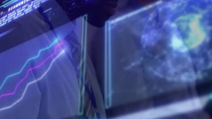 Poster - Businessman interacting with holographic display, showing neon charts and rotating globe