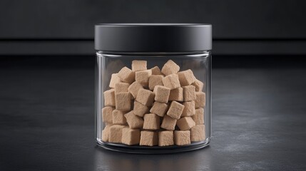 Poster - Cubes in clear jar on dark surface showcasing minimalist design and neutral tone for product presentation and food storage concept