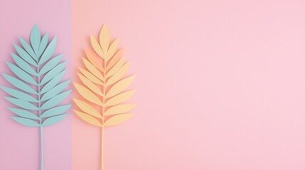 Poster - Pastel Paper Cut Tropical Leaves on Pink Background