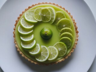Poster - Delicious Lime Tart with Fresh Citrus Slices on White Plate Capturing Vibrant Green Colors and Artistic Food Presentation for Culinary Stock Photography