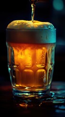Poster - Refreshing amber beer pouring into a glass with thick foam in dark background capturing the essence of a perfect drink with a low angle shot