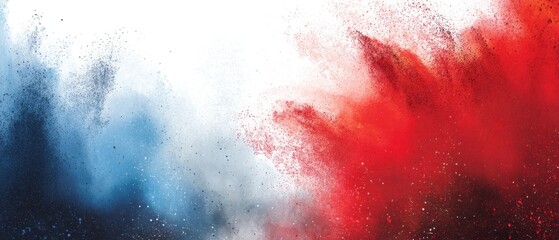 Poster - Abstract explosion of vibrant red and blue powder creating a dynamic splash on a clean white background for artistic design