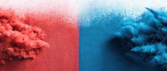 Poster - Dynamic powder explosion in contrasting red and blue hues creating a captivating visual impact with abstract and vibrant aesthetic appeal