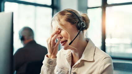 Poster - Call center, headache and business woman with pain, fatigue and burnout with customer service complaint. Support agent, tired and consultant with migraine from overwork, mental health and stress