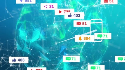 Poster - Smartphone outline showing floating notification labels connecting to glowing mesh globe 3D render