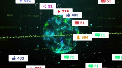 Aufkleber - Polygonal digital globe floating in dark starfield scene, streaming green data and notifications