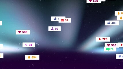 Poster - Floating social media icons drifting across cosmic gradient in flat design animated illustration