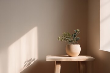 Poster - show minimalist interior with potted plant on simple table emphasizing clean lines and ample copy space